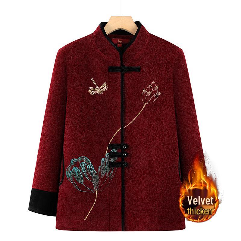 2025 Embroidered Woolen Coat for Elderly Women (Aged 60-80) - Plus Velvet Winter Style