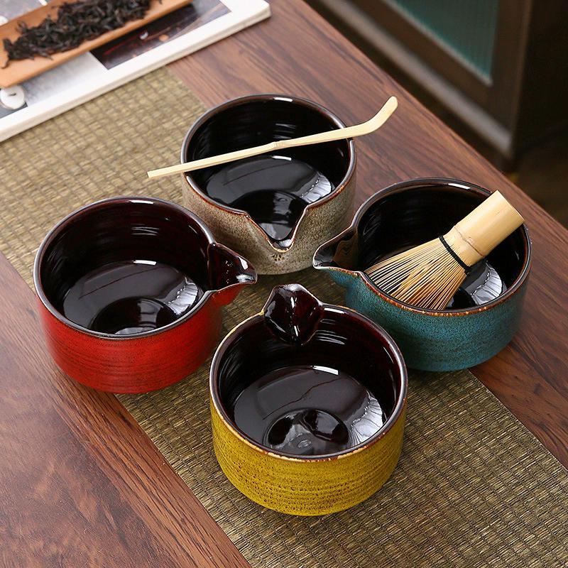 1-4PCS New Ceramic Matcha Bowl Set With Pouring Spout Reusable Tea Whisk Holder Food Grade Handmade Japanese Green Tea Bowl