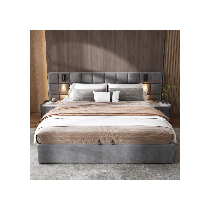 Lit rembourré - MUVOE - 160x200 cm - Acier - Avec rangement - Liseuse et USB