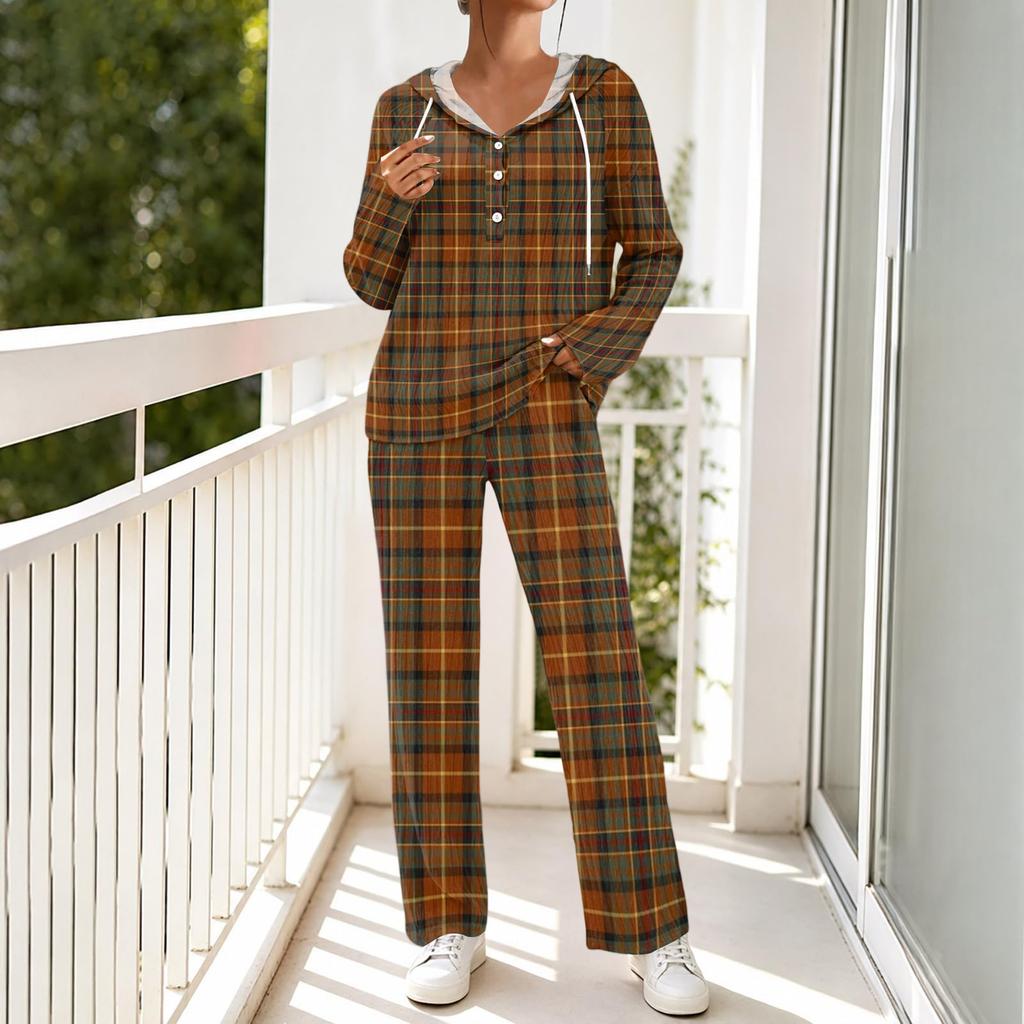 Women's V-Neck Printed Long Sleeve Hoodie Loungewear Set with Pockets - Loose Fit 2 Piece Casual Sleepwear Pajama Set for Home