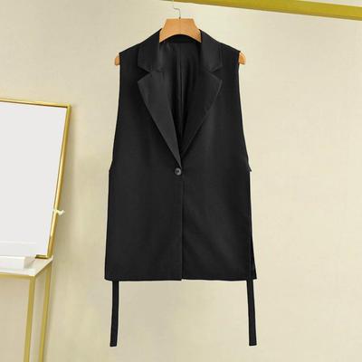 Women Vest Coat Turn-down Collar Sleeveless Loose Solid Color Single Button Cardigan Strap Decor Mid Length Commute Formal Suit