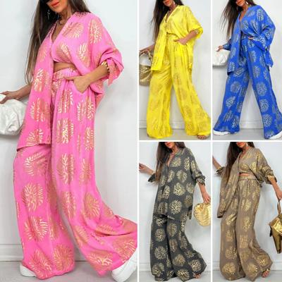Women's 2 Piece Outfits Oversized Print Long Sleeve Button Down Shirt Elastic Waist Wide Leg Pants Set Casual Lounge Suit