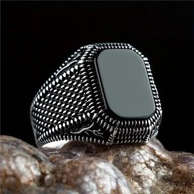 Huajie Men's Classic Turkish Signet Rings Square Black Zircon Punk Motor Biker Ring New  Trendy Fashion