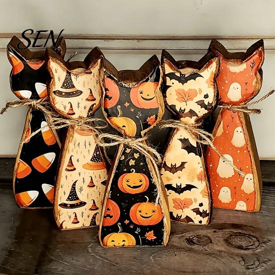Festive Party Table Centerpieces Rustic Wooden Cat Ornament, Vintage Halloween/Flower Wood Tabletop Signs, Fall Home Decorations Distressed