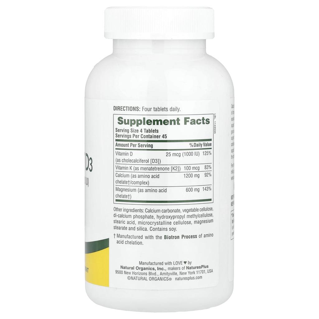 NaturesPlus, Calcium/Magnesium/Vitamin D3 mit Vitamin K2, 180 Tabletten