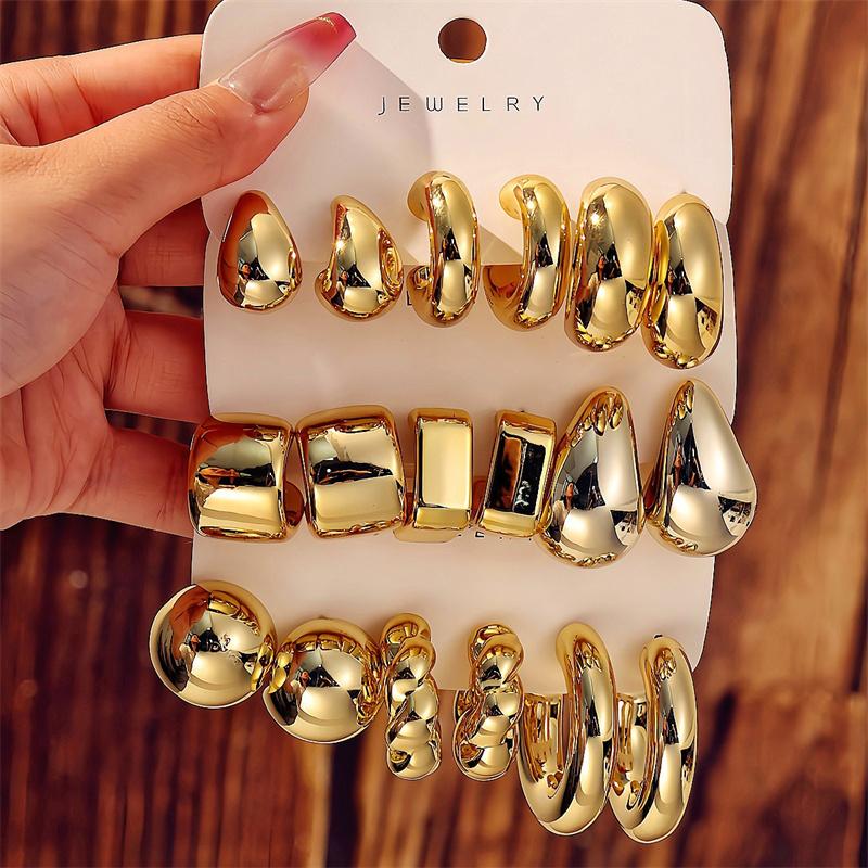 New Trendy Gold Color Twisted C Shape Tear Drop Earrings Set For Women Fashion Metal Geometric Circle Earrings Jewelry Gifts