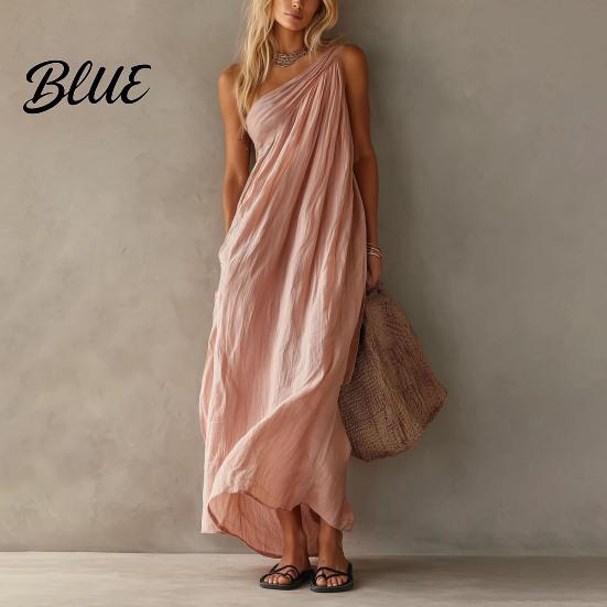 Lightweight Women Dress Women's Summer One Shoulder Beach Sundress Pleated A-line Flowy Long