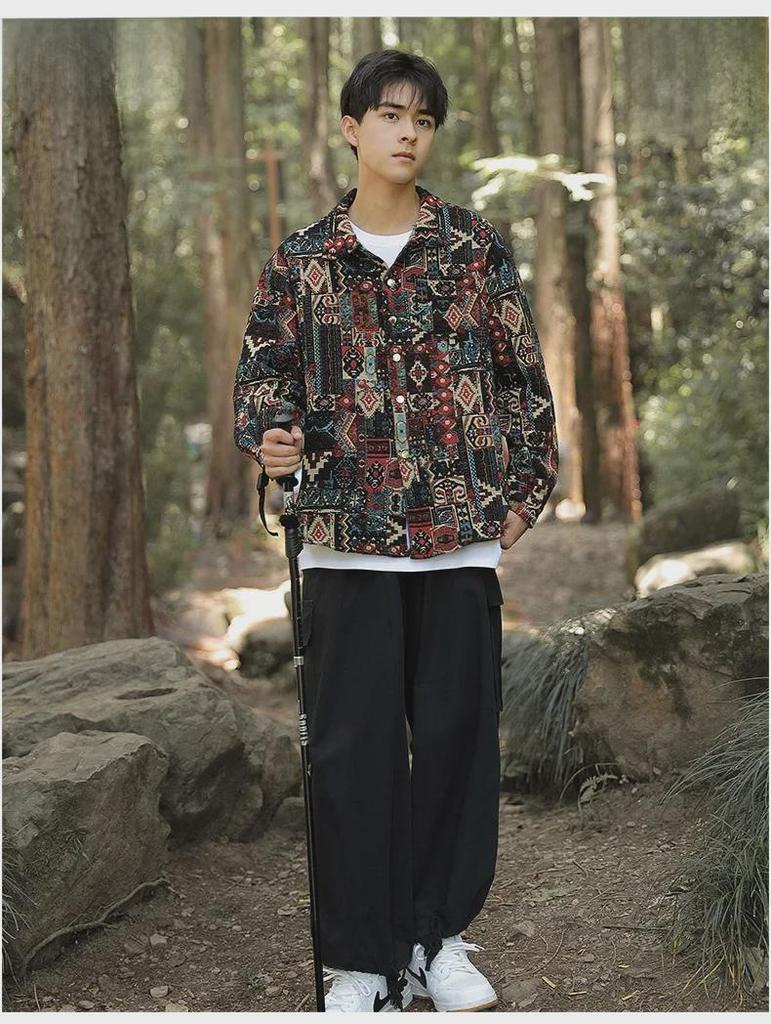 Men's Retro Jacquard Embroidered Workwear Jacket - Loose Hip-Hop Style for Spring and Autumn