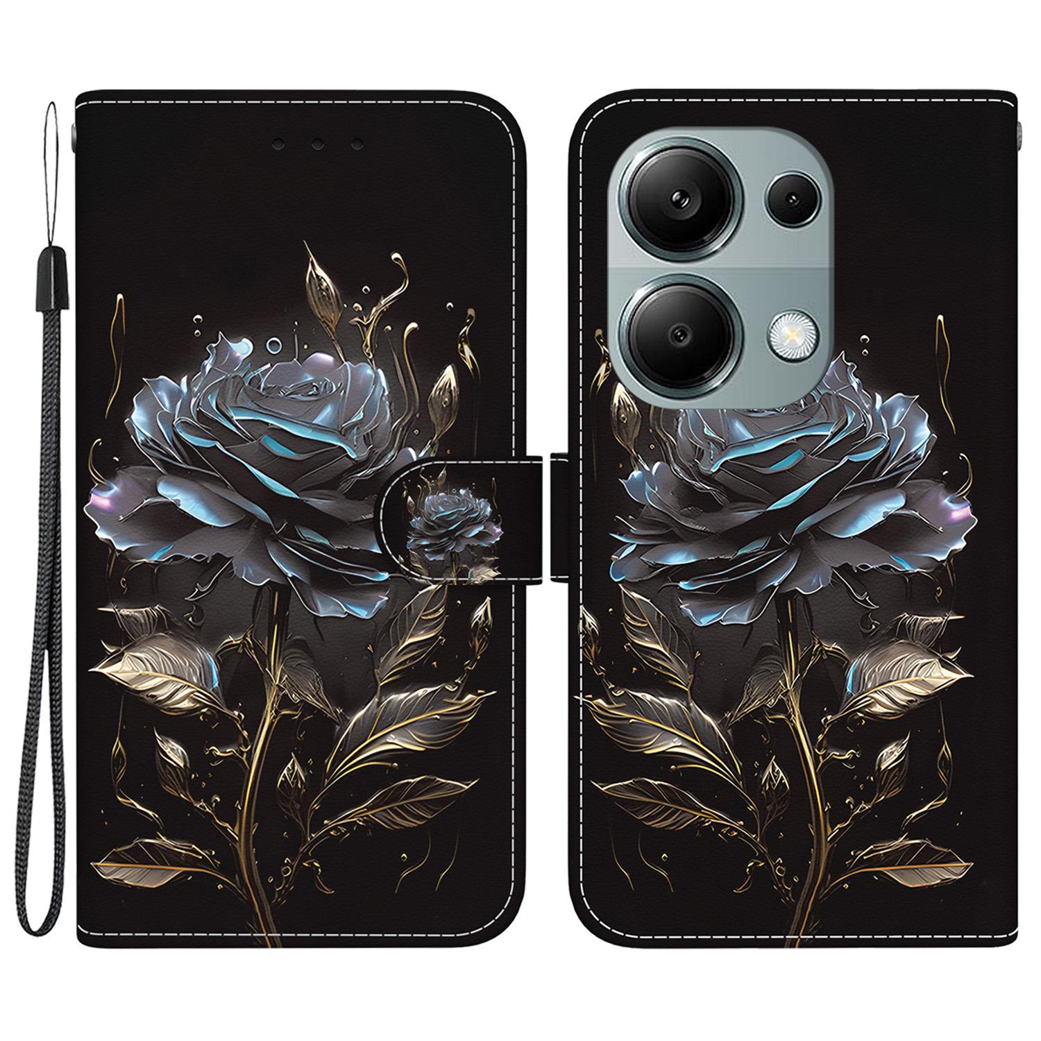 

For Xiaomi Redmi Note 13 Pro 4G/Poco M6 Pro 4G Case Printed Pattern Wallet Leather Phone Cover Black Rose