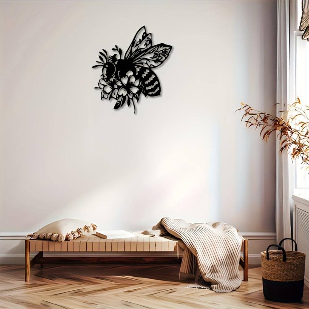 

Elegant Black Metal Bee Flower Wall Art Sculpture Living Room Bedroom Patio Decor Nature Lovers Christmas Valentine New Year Gift 12in