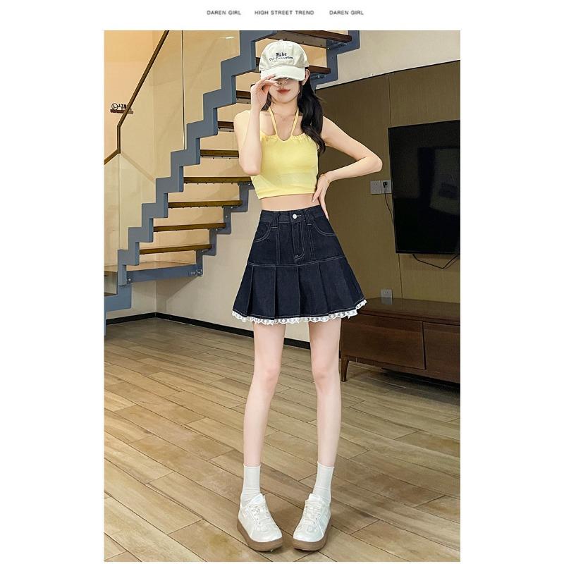 Denim Blue Half-length Denim Skirt Season’s Hottest Style Anti-Exposed Lace Pleated Skirt S синий