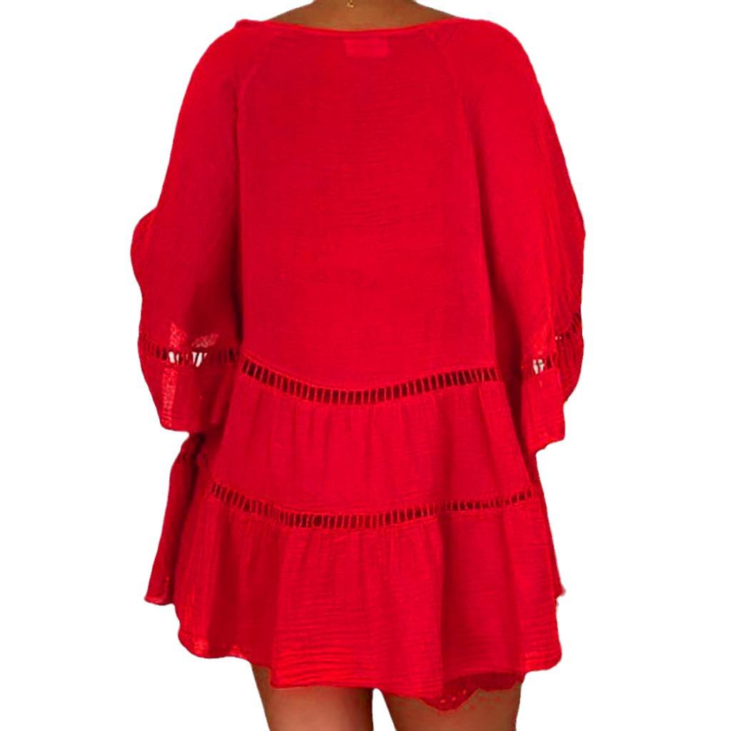 Women's V-Neck Loose-Fit Seven-Sleeve Cotton Linen Plus Size Top Dress