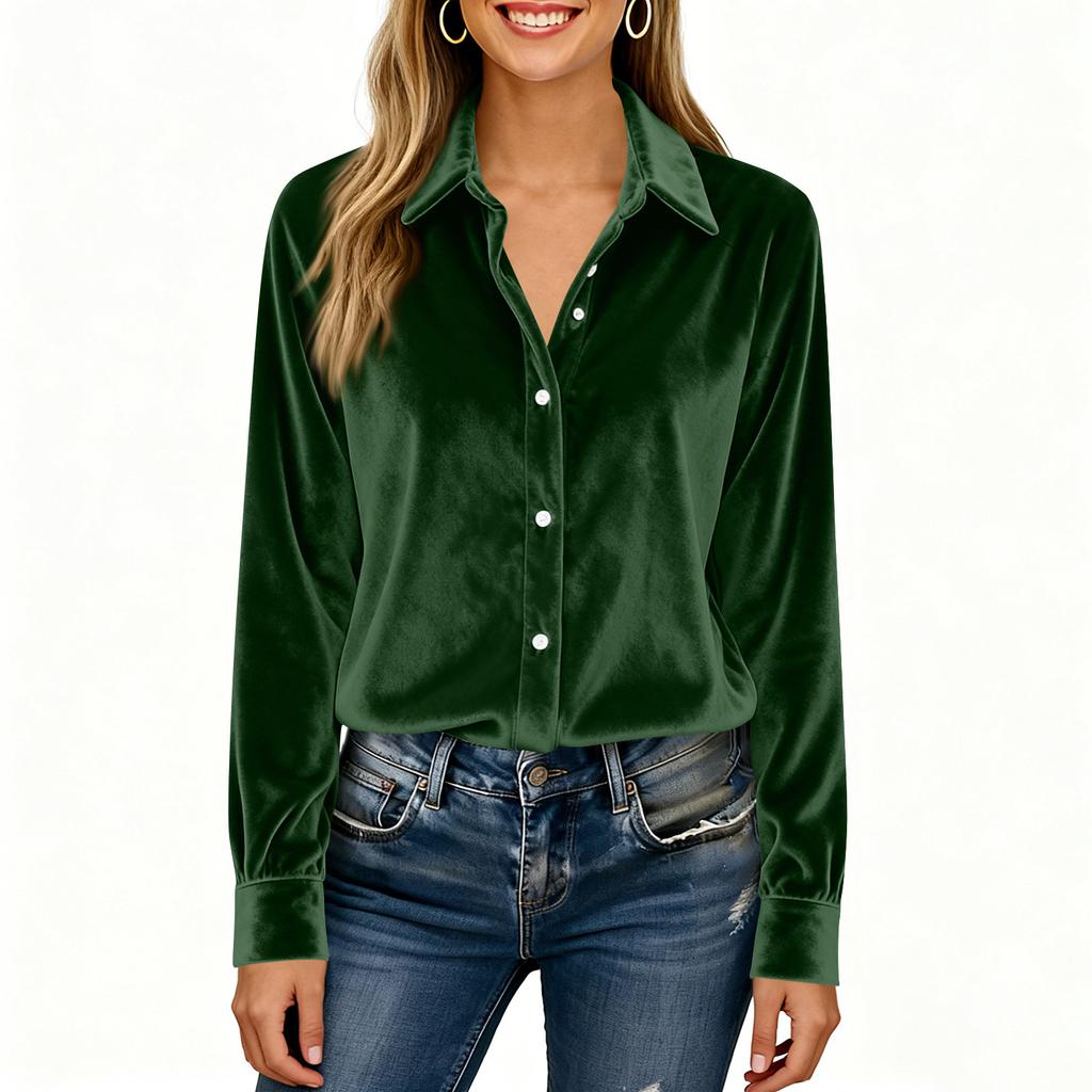Damers Moderiktiga Färgslag Långärmad Casual Lös Guld Sammet Skjorttopp