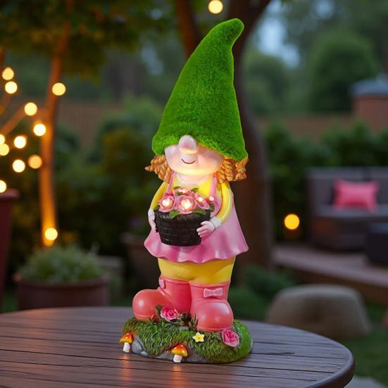Solar Garden Gnome Statue with LED Light Holding Flower Basket Flocking Hat Dwarf Girl Figurine Sculpture Outdoor Decoration Ornament