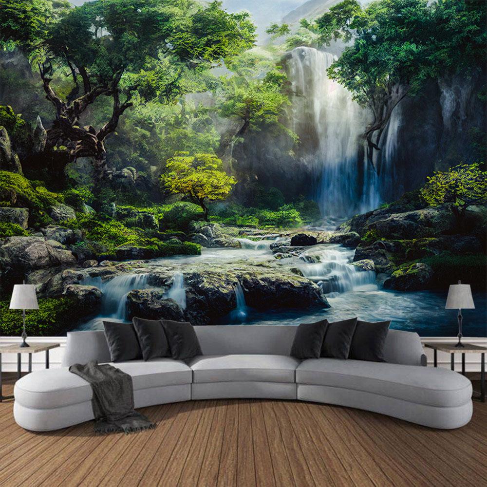 Bohemian style home decoration wall hanging forest waterfall tapestry landscape background cloth bedroom living room dormitory