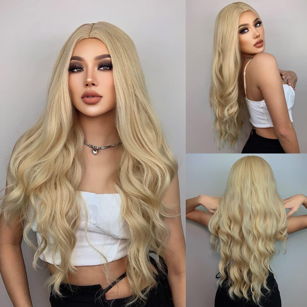 Cross-border wig women s fashionable chemical fiber headgear golden medium-parted long curly hair new product wig
