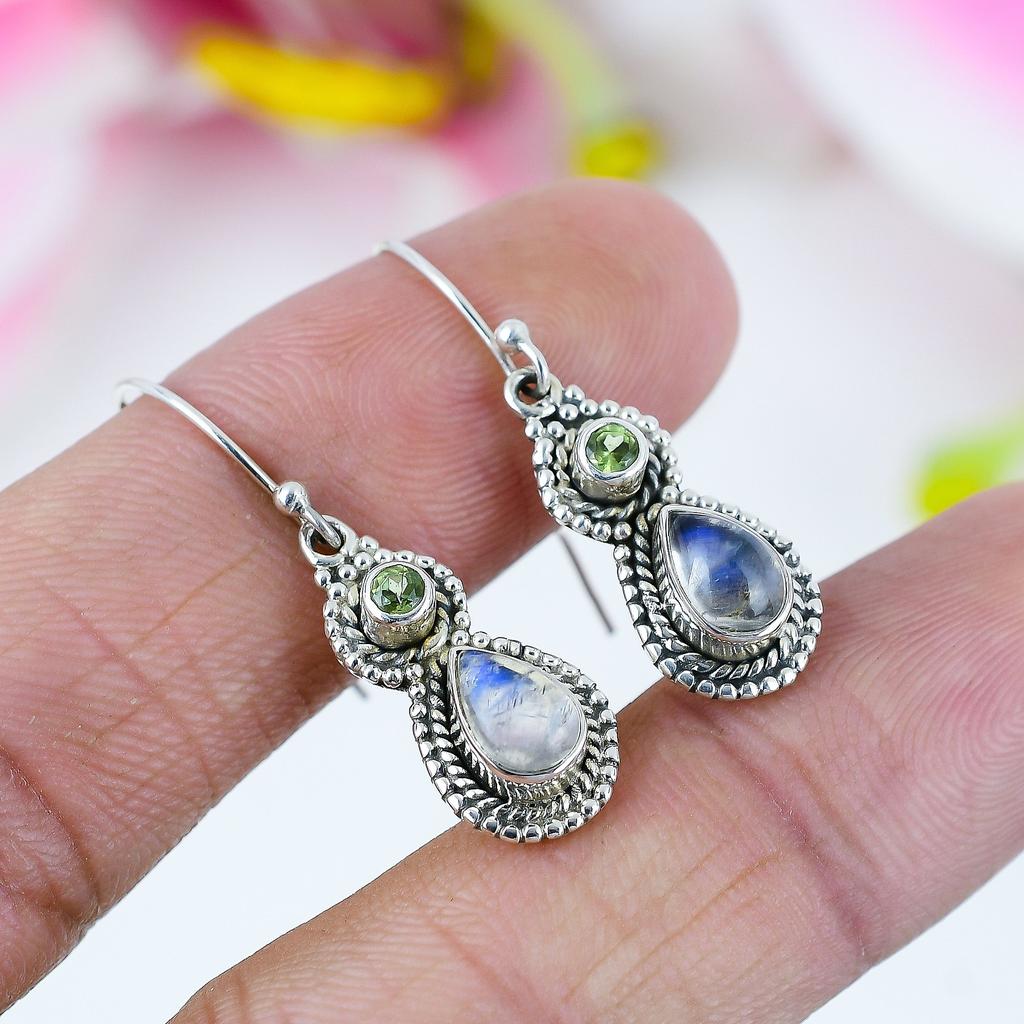 Natural Rainbow Moonstone, Peridot 925 Solid Sterling Silver Earring 1.5" D9s90