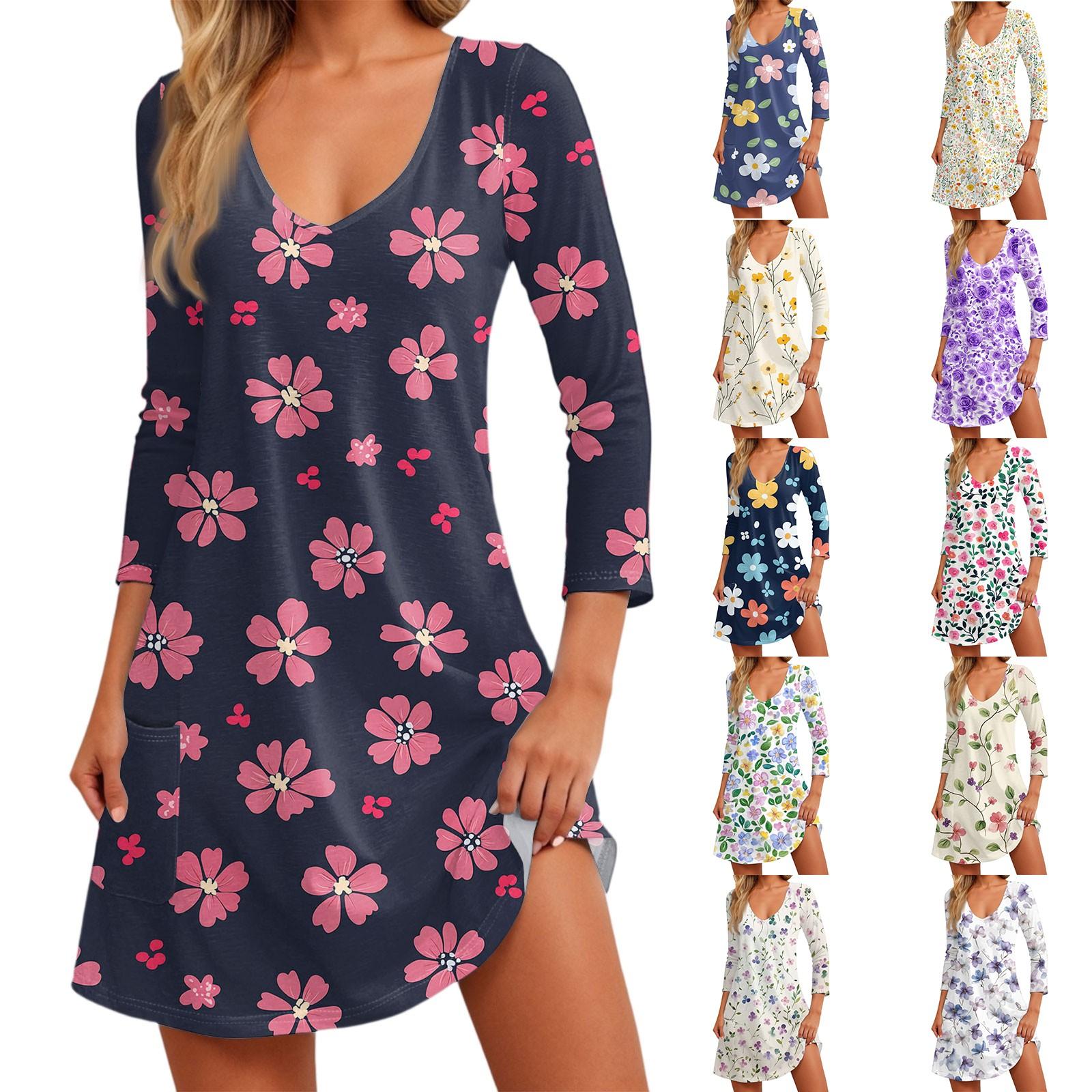 

Women s Fashion Casual V-Neck Floral Print Pocket Three-quarter Sleeve Dress M фіолетовий