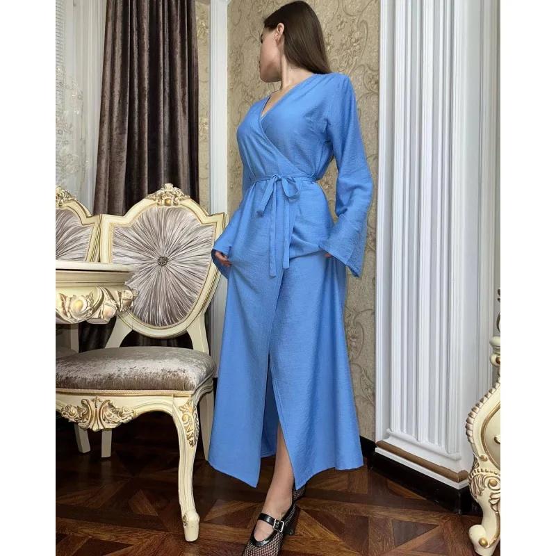 LYRIA Fashionable Pure Color Belted Slimming Long Dress New Women's Clothing One Piece Dress Stylish Wraparound