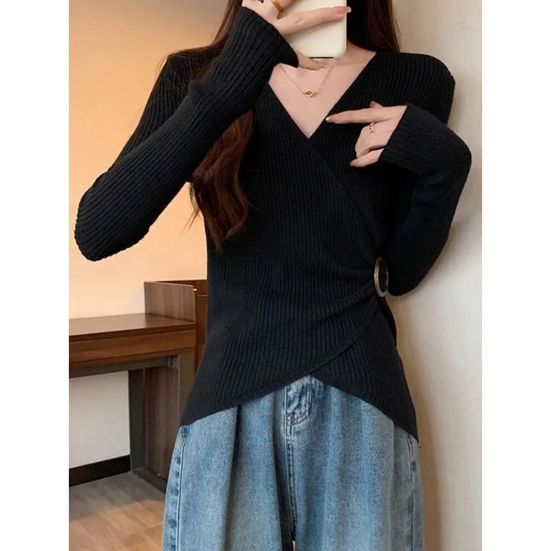 Autumn Winter V-neck Solid Irregular Waist Sweater Women Long Sleeve All-match Bottomed Pullover Knitting Top