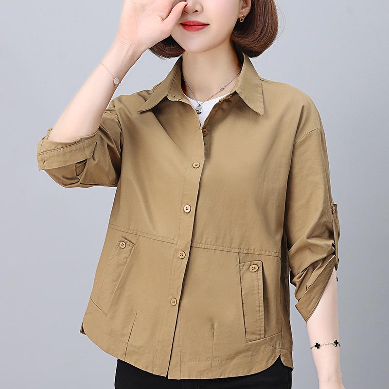 

Блузка с длинным рукавом однотонная - 2024 весна/осень повседневная свободного кроя для женщин, молодящая и для миниатюрных XXL recommended 131-140 catties хаки