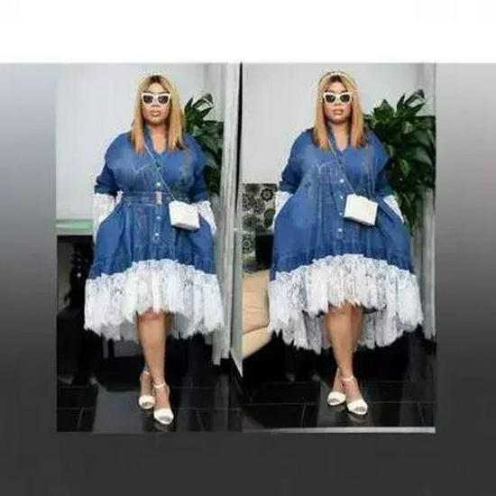 African Style Lace Patchwork Printed Belted Denim Dress