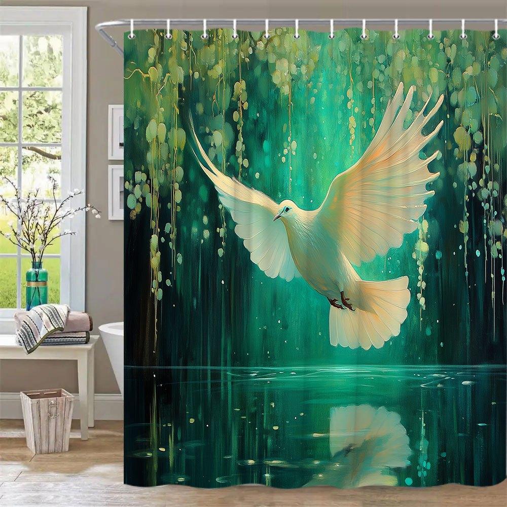 1pc Ethereal Dove Shower Curtain - Translucent Winged Dove with Peach Feathers, Luminous Forest & Hanging Orbs Design, Mystical 90x180cm
