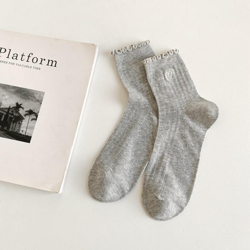 Fungus Edge Love Embroidery Solid Color Vertical Strip Short Socks For Women Versatile Preppy Style Women'S Socks