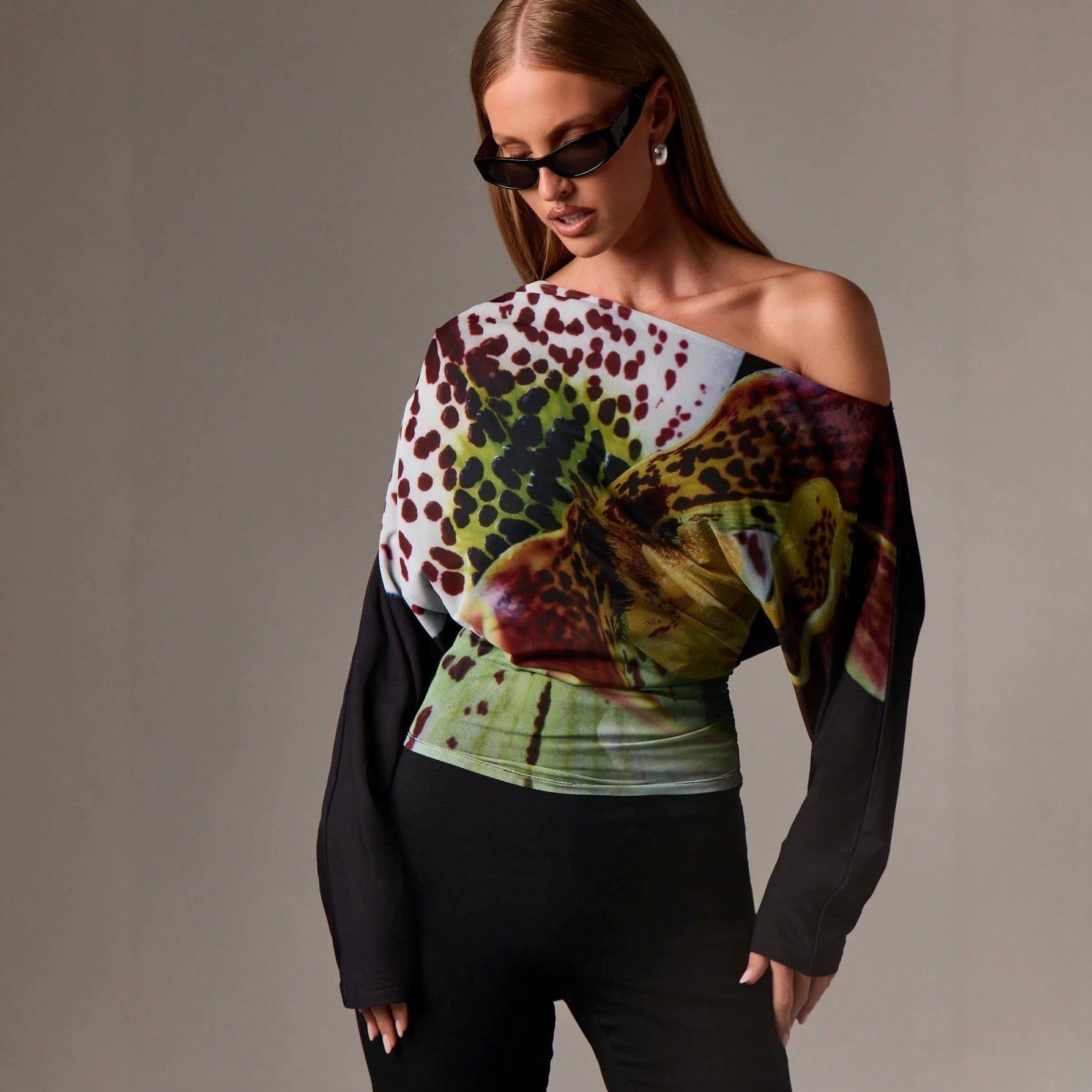 Spice girl style one-word shoulder slanted shoulder printed top women s summer off-the-shoulder waist pleated design high-end long-sleeved T-shirt XS