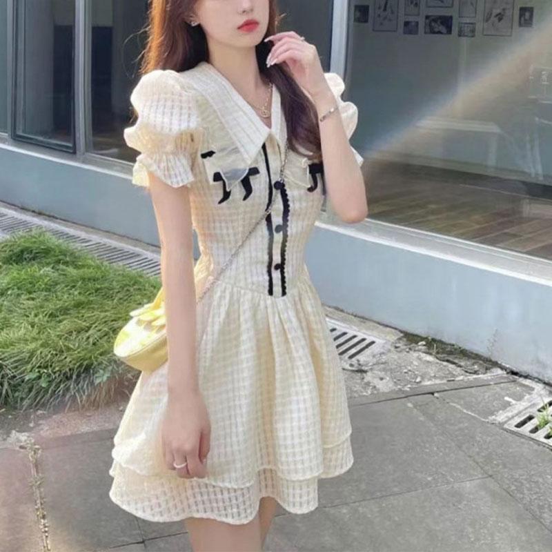 Hotsweet Cupcake Dresses Fashion Lace Spliced Button Women's Sweet Bow Doll Collar Summer Thin A-Line Waist Mini Dress