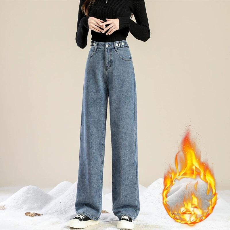 Tykk høy midje hengende uformelle jeans med brede ben for kvinner med plysjisolasjon Løstsittende rett benmopp for yttertøy Vinterbukser