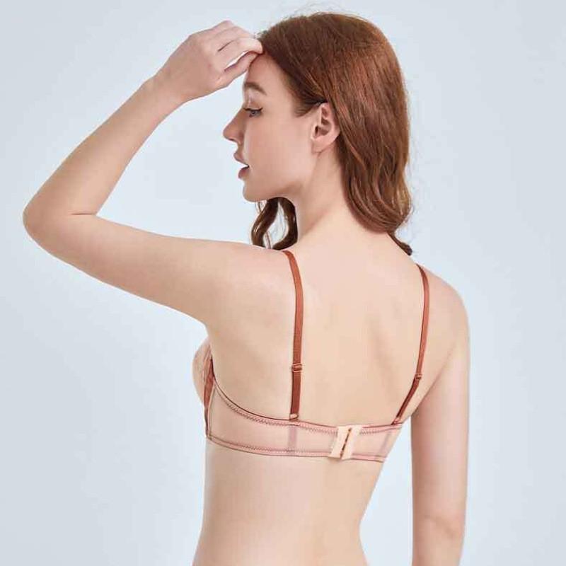 French Deep V Sexy Underwear Thin Cotton Mesh Contrast Color Gathering Bra Large Bust Small Large Size Bra