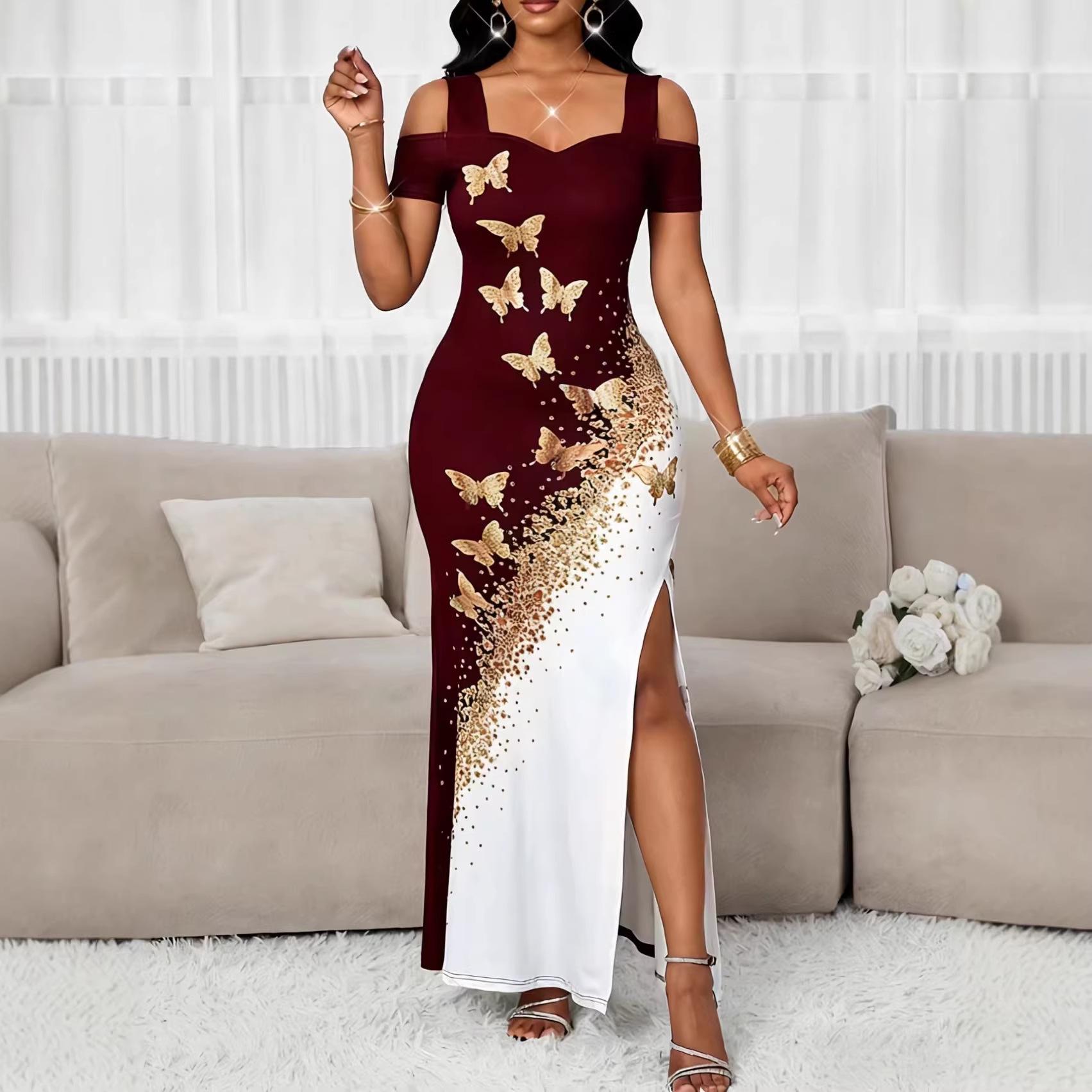

2025 Elegant Off-Shoulder Butterfly Print Color Block Dress for Women Extra Small вина червоного кольору