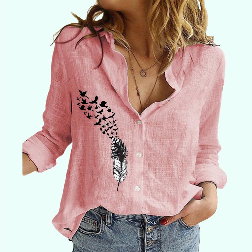 Women Fashion Cotton Linen Thin Shirt Ladies Casual Flower Print Blouse