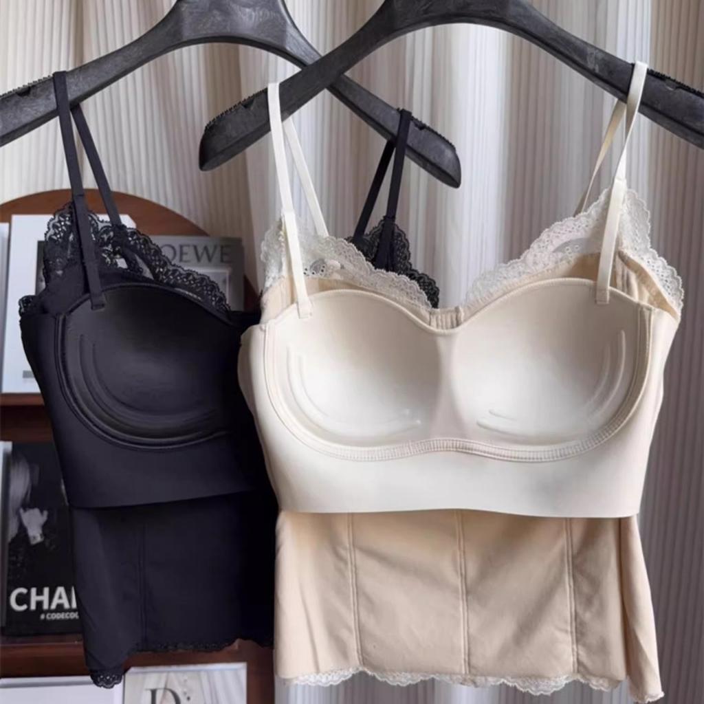 Women French Lace Fleece Lined Camisole With Built-in Bra Beauty Back Slim Fit Thermal Cami Top For Fall Winter