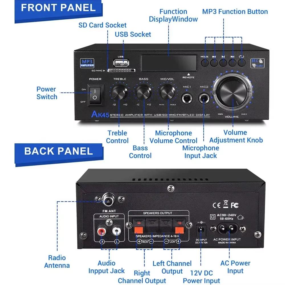 AK45 Zosilňovač výkonu HiFi Stereo zosilňovač Kanál 2.0 Maximálny výkon 90Wx2 Bluetooth Zosilňovač pre domáce kino Zosilňovač do auta De Audio