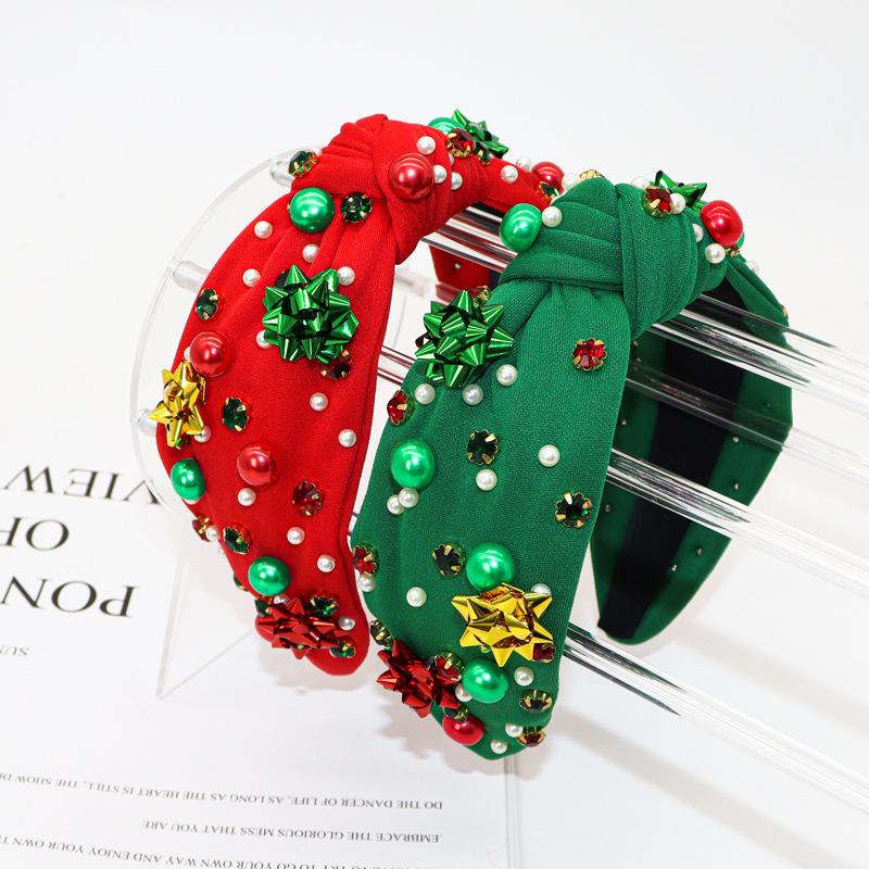 European & American Christmas Pearl Flower Headband - Red & Green Trendy Accessory for Women