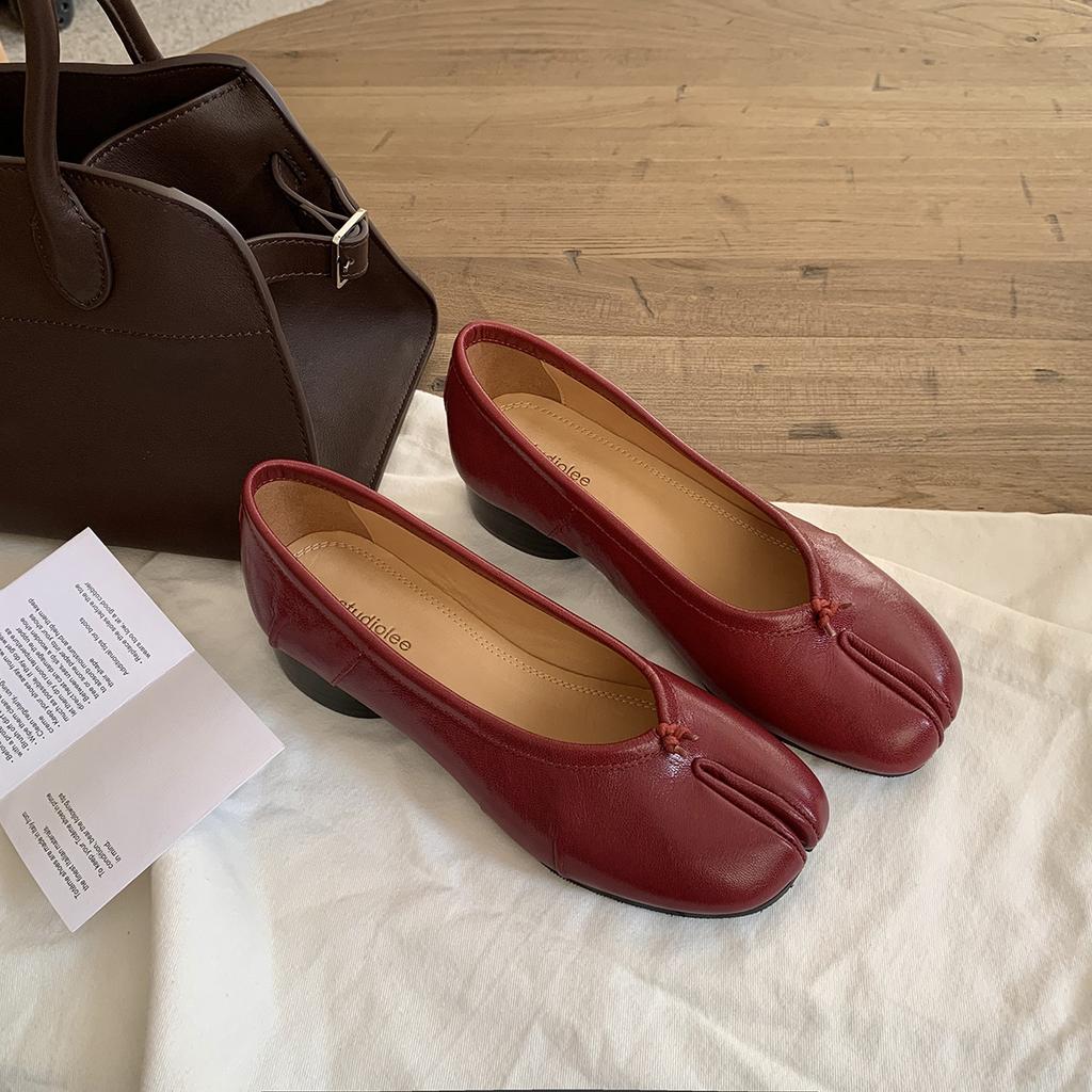 Sheepskin~ Grape Ma Same 4cm Genuine Leather Pig's Trotters High Heels Women's Pleated Ballet Light Mouth Single Shoes Thick Heel Split Toe Shoes