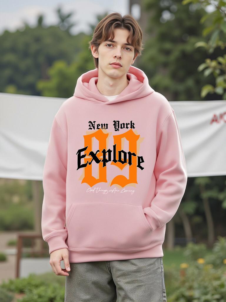New York Explore Letter Creative Print Men Street Basic Hoodies Warm Soft Sweatshirts Casual Loose Top Fleece Trendy Man Clothes