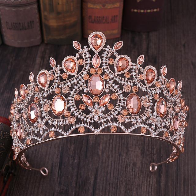 Fashion Rose Gold Peach Color Crystal Rhinestone Wedding Hair Accessories Queen Princess Diadems Women Tiara Crown Head Jewelry