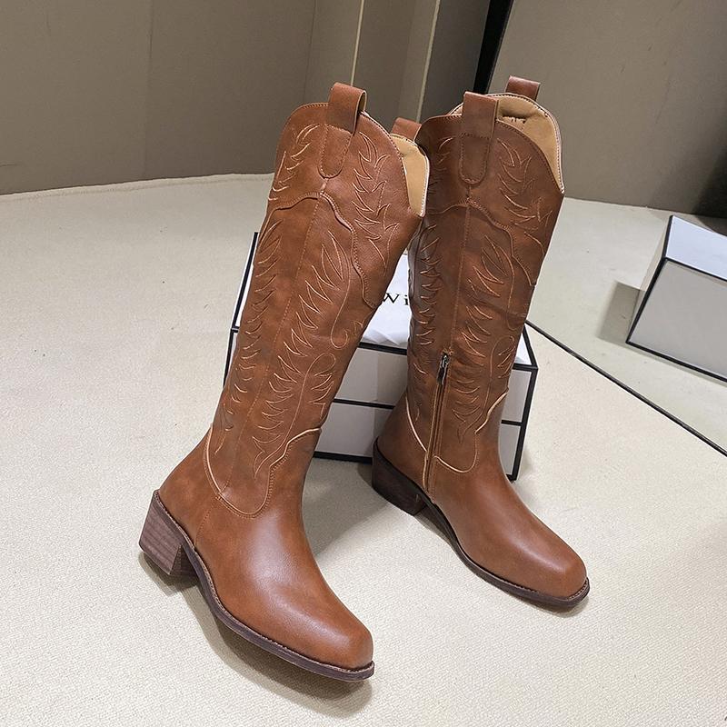Fashion Vintage Totem Print Side Zip Pu Riding Boots Women Fashion Medium Heel Western Boots Women 2025 Winter Sexy Knee High Shoes