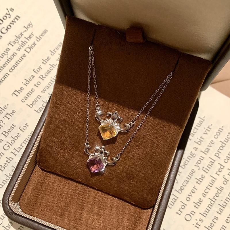 Women's S925 Sterling Silver Necklace Luxury Light Luxury Iris Pendant Natural Amethyst Citrine Fashion Clavicle Chain Jewelry Gift