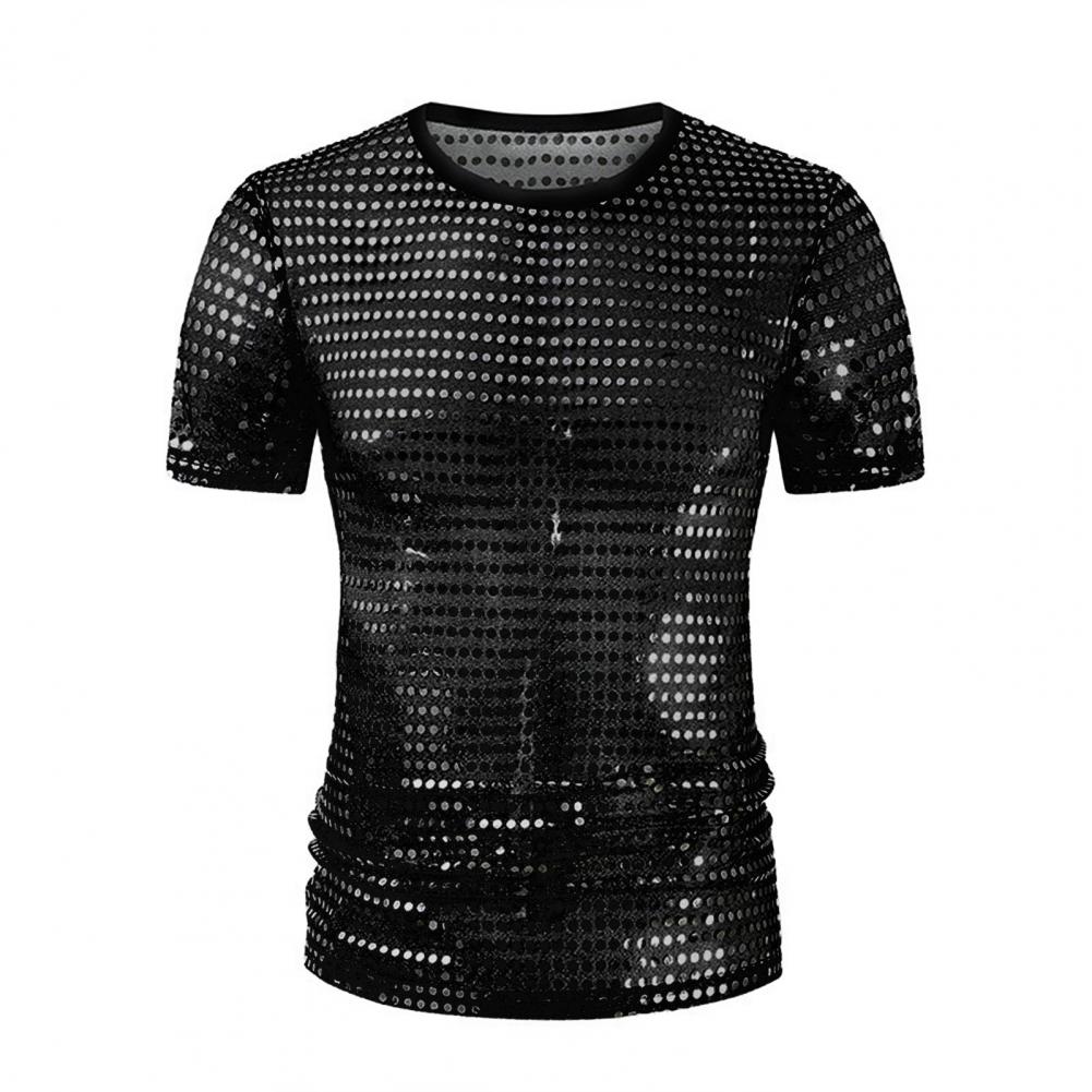 Sequined T-Shirt for Men Sparkling Dot Jazz Modern Dance T-Shirt Round Neck Short Sleeve Performance Tops 1970s Disco Tops Night