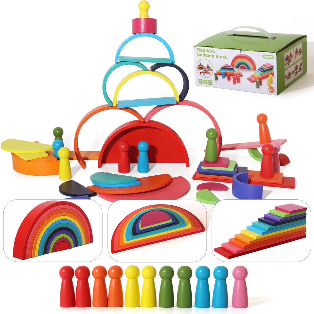 Rainbow Arch Bridge Building Blocks Wooden Colorful Stacking Little People Folding Joyful Children's Early Education Rainbow Building Block Toys