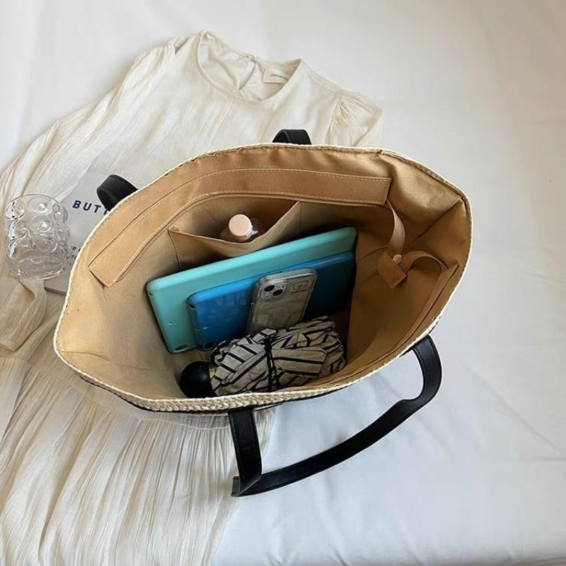 New contrasting color shoulder straw bag handwoven bag women's large-capacity tote bag women's seaside vacation beach bag