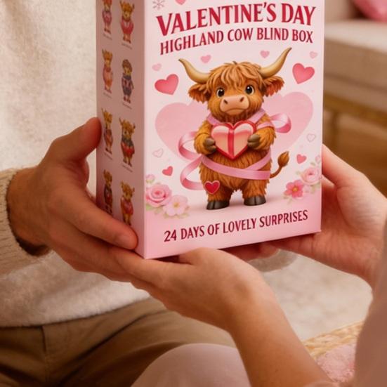 Valentine's Day Highland Cow Advent Calendar with 2D Acrylic Hanging Ornament 24 Days Countdown Calendar Box Holiday Party Gift