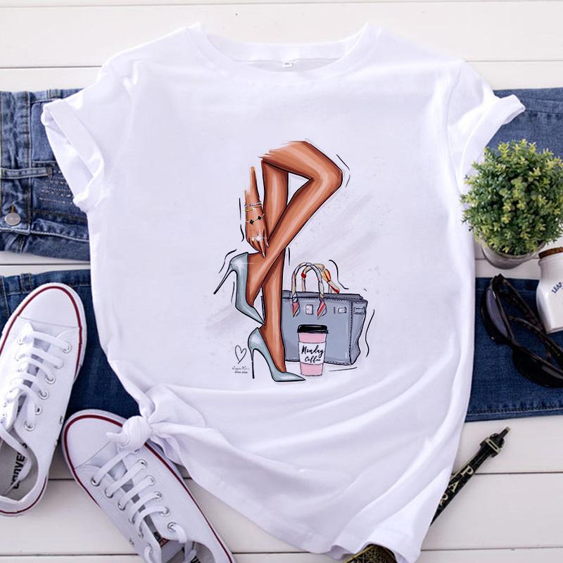 

Червоні високі підбори Жіноча футболка з принтом у квітковий візерунок Жіноча футболка 90-х Harajuku Одяг із круглим вирізом Повсякденні жіночі футболки XL білий