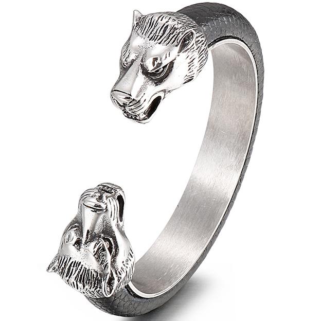 

Stainless Steel Wolf Head Cuff Open Bangle Bracelet Man Black Leather Elastic Adjustable Boys on Hand Bracelets Men‘s Jewellery 65MM(Elastic )