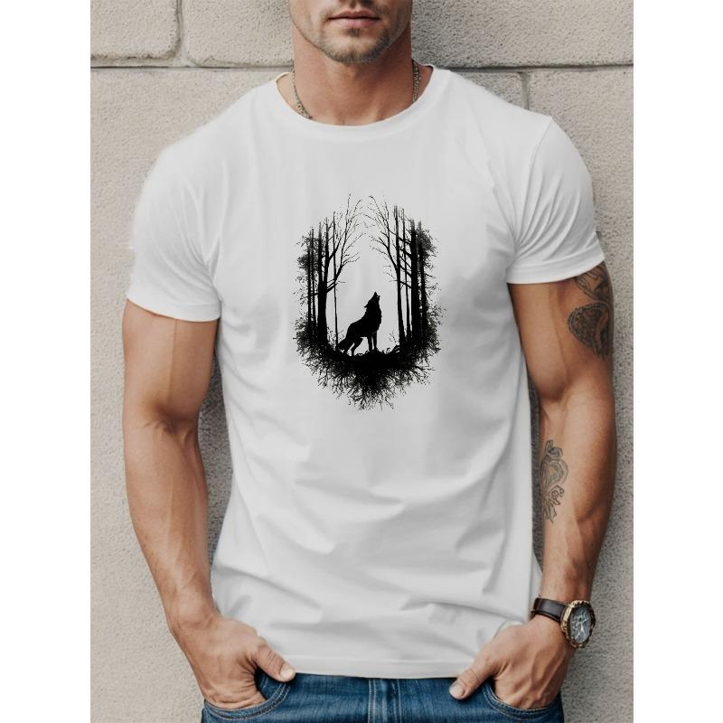T-shirt com Estampa de Lobo Uivante Tamanhos Europeus, T-shirts Para Homens, T-shirt Casual de Manga Curta Para o Verão