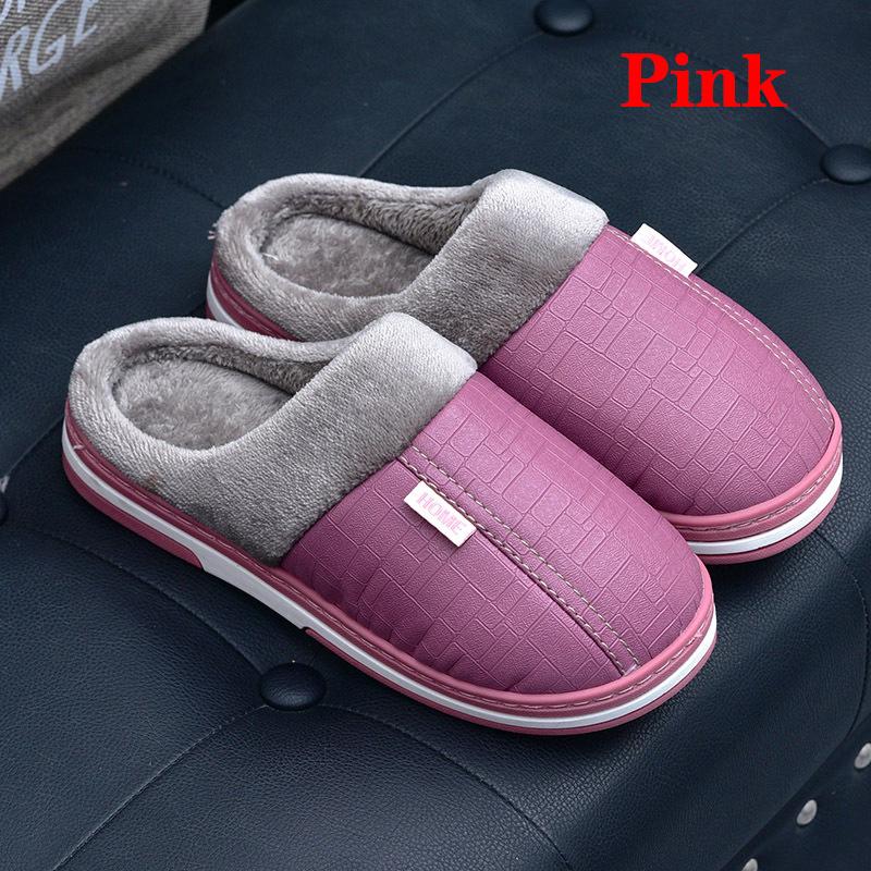 Men Women Waterproof PU Leather Winter Warm Plush Home Shoes House Slippers Indoor Anti-Skid